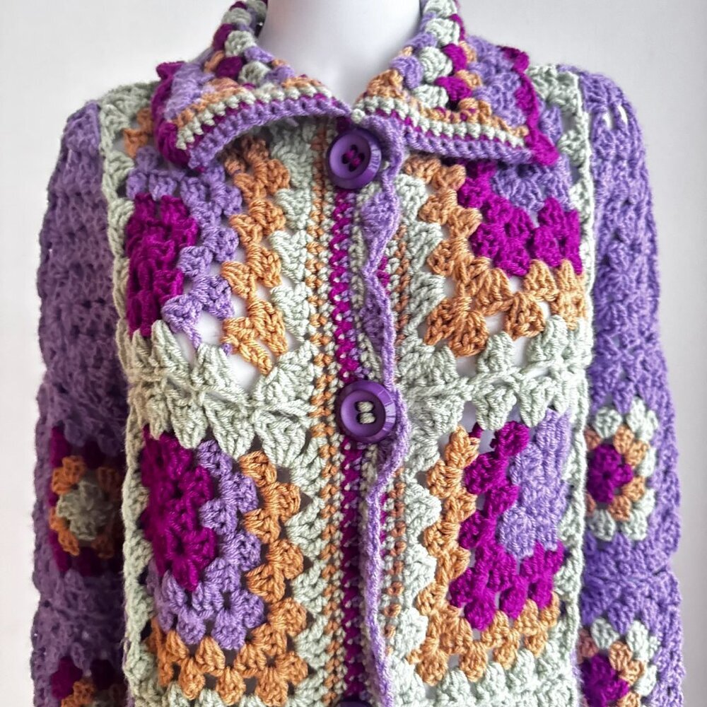 Handmade Lilac Colourful Granny Squares Crochet Long Cardigan L - Picture 4 of 7